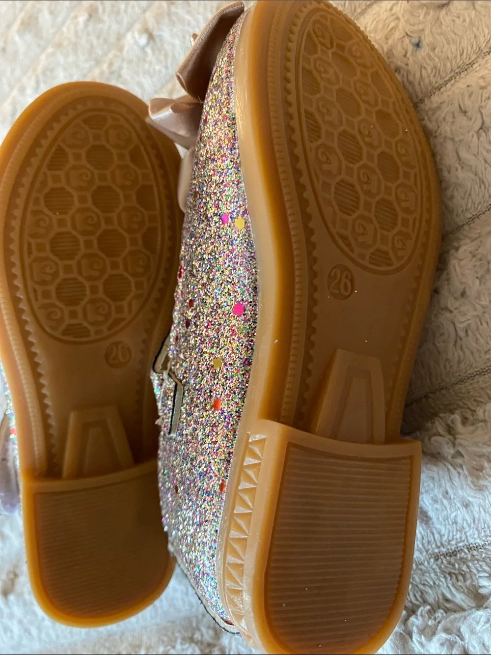 NWOT- Girls Glitter Mary Janes with Champagne Bow - Kids Shoes